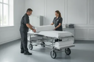 Funeral service professionals staging a BioSeal removal system with a mortuary cot