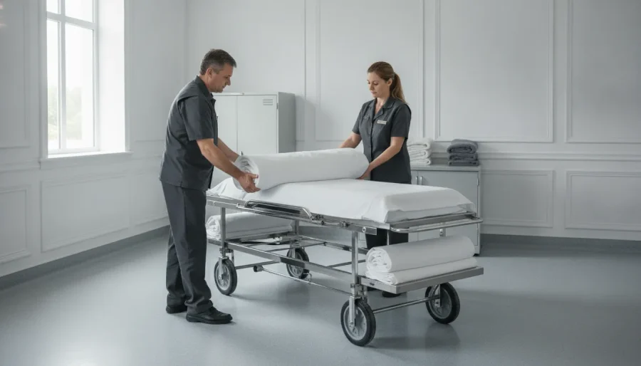 Funeral service professionals staging a BioSeal removal system with a mortuary cot