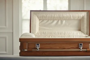 A classic wood casket with plush interior lining and ornate metal handles.