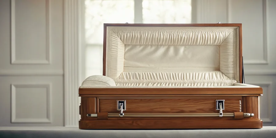 A classic wood casket with plush interior lining and ornate metal handles.