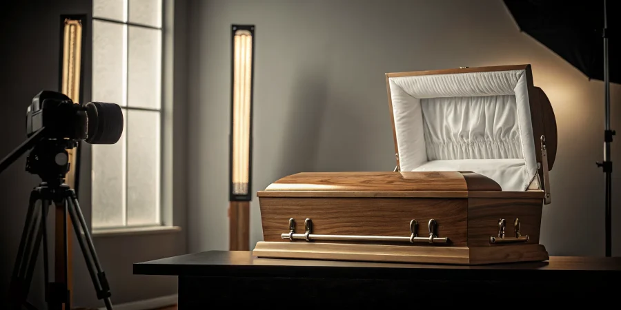 A classic wood casket with a soft white interior in a studio setting.
