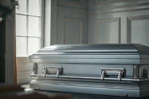 A professional casket truck holding a silver casket in a funeral home.