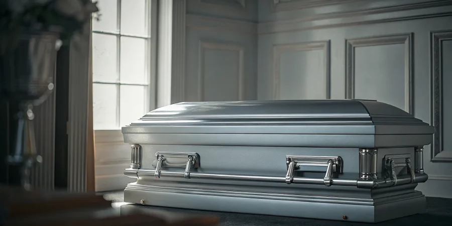 A professional casket truck holding a silver casket in a funeral home.