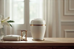 A white and gold urn for cremation ashes sits on a table next to memorial lilies.