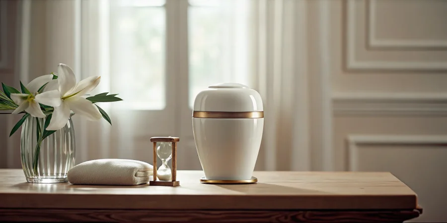 A white and gold urn for cremation ashes sits on a table next to memorial lilies.