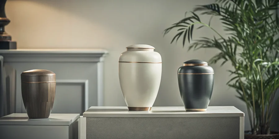 A variety of cremation urns in different styles, sizes, and materials.