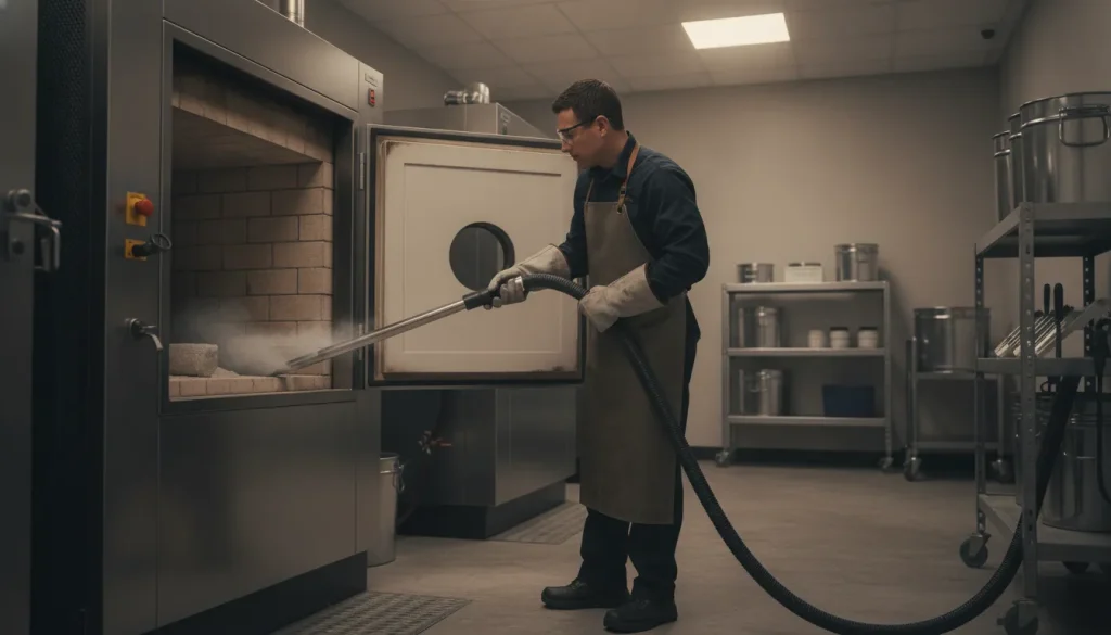 Operator using a high-temperature vacuum hose in a crematory