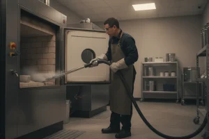 Operator using a high-temperature vacuum hose in a crematory