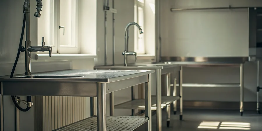 Stainless steel embalming tables with ergonomic features and integrated sinks.