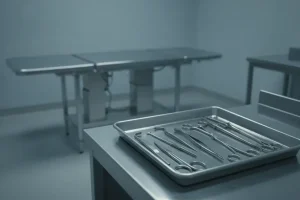 Embalming tools arranged on a stainless steel tray in a professional preparation room