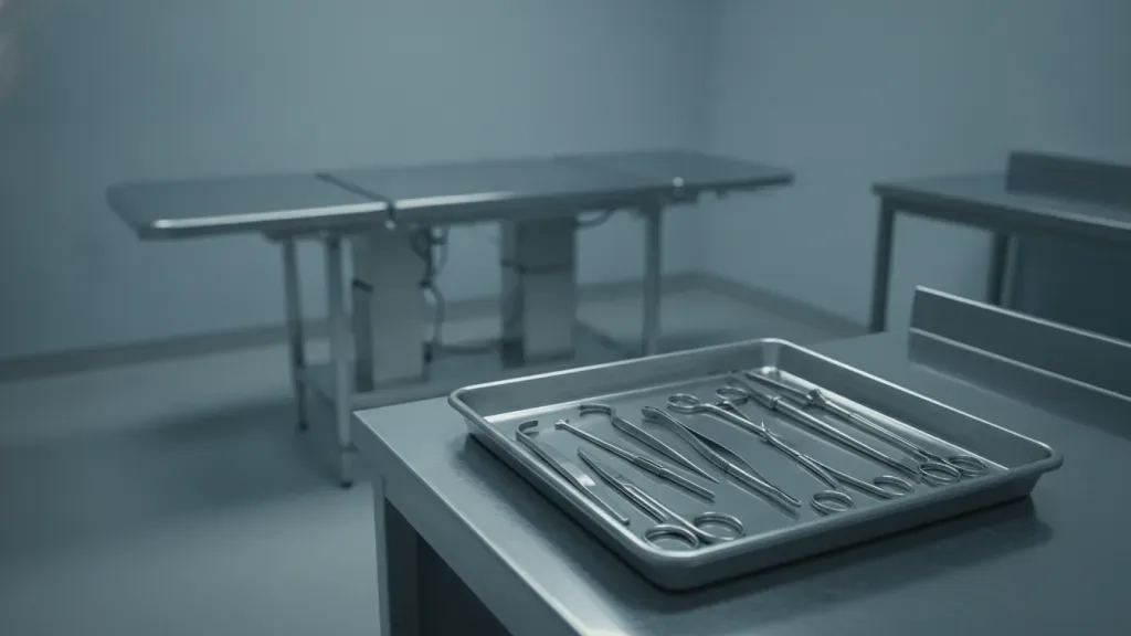 Embalming tools arranged on a stainless steel tray in a professional preparation room