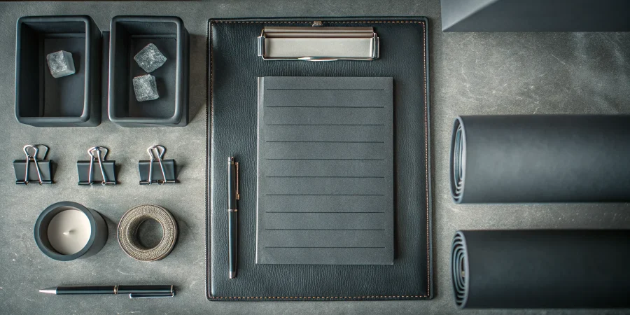 A desk with a notepad and pen for planning a funeral supplies order.