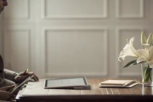 Funeral director helping a family plan a funeral service at a table.