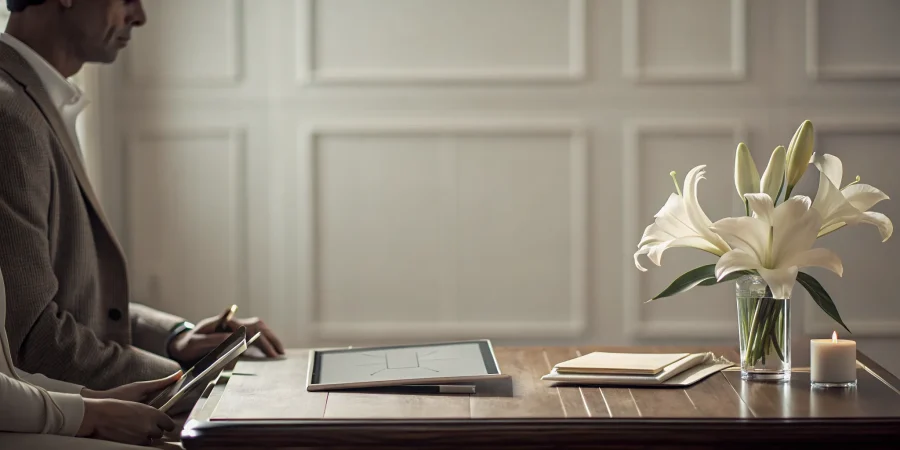 Funeral director helping a family plan a funeral service at a table.