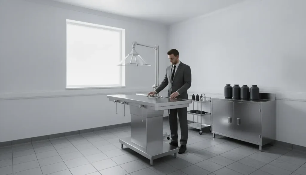 Funeral home preparation room with an embalming station and local exhaust ventilation