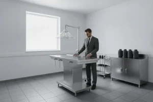 Funeral home preparation room with an embalming station and local exhaust ventilation