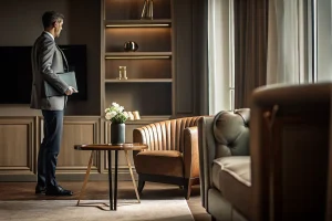 Funeral director in a professional suit reviewing a folder in an office.