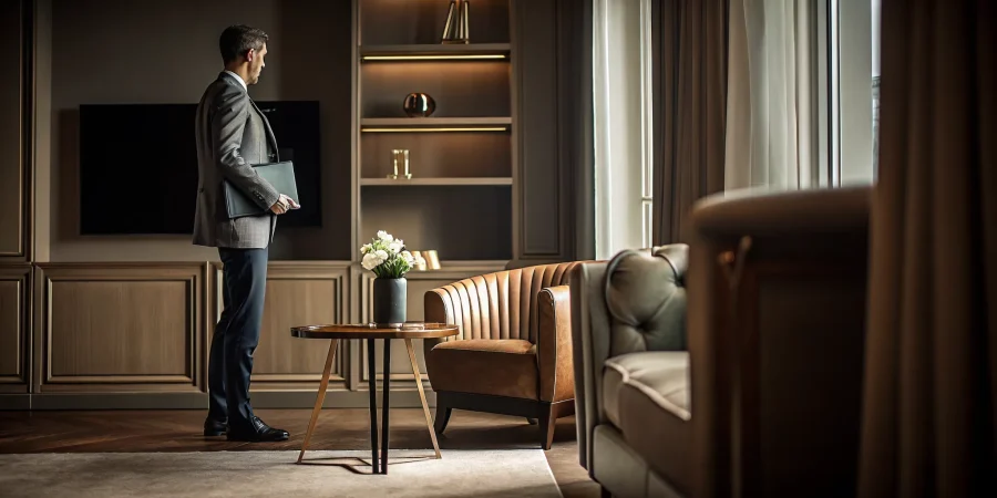 Funeral director in a professional suit reviewing a folder in an office.