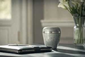 Planning a funeral service with a cremation urn, notebook, and white flowers on a table.