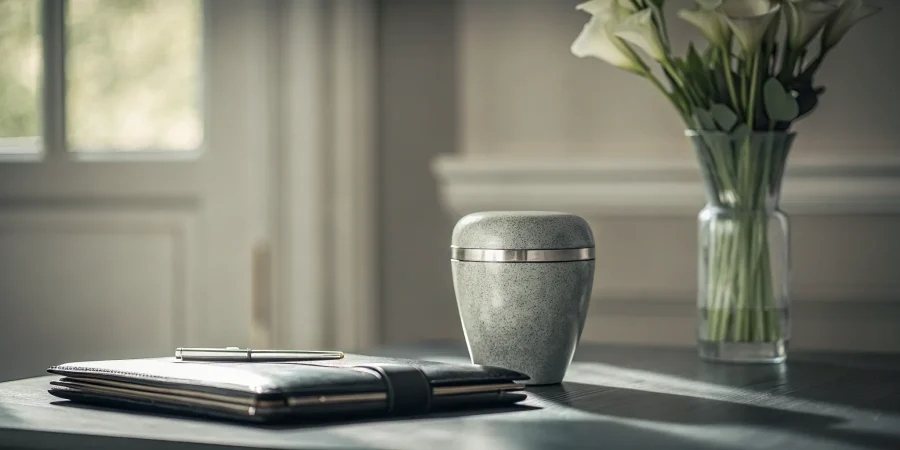 Planning a funeral service with a cremation urn, notebook, and white flowers on a table.