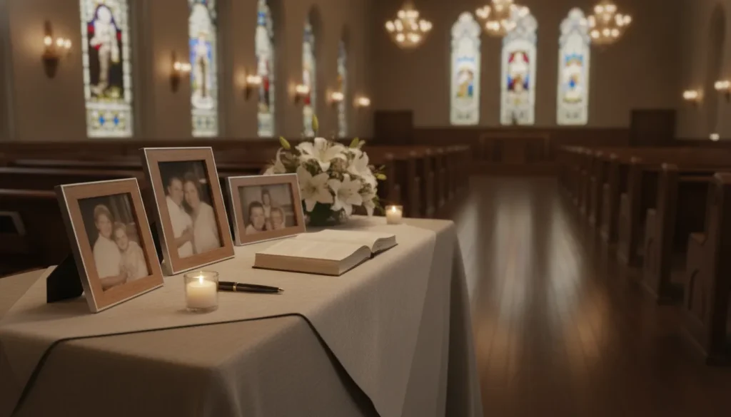 Dignified funeral home memory table with photographs, flowers, and guest book