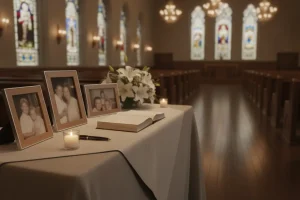Dignified funeral home memory table with photographs, flowers, and guest book