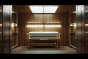 A casket placed inside the primary cremation chamber before the process begins.