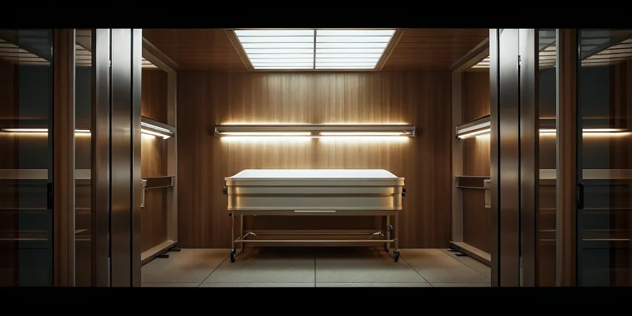 A casket placed inside the primary cremation chamber before the process begins.