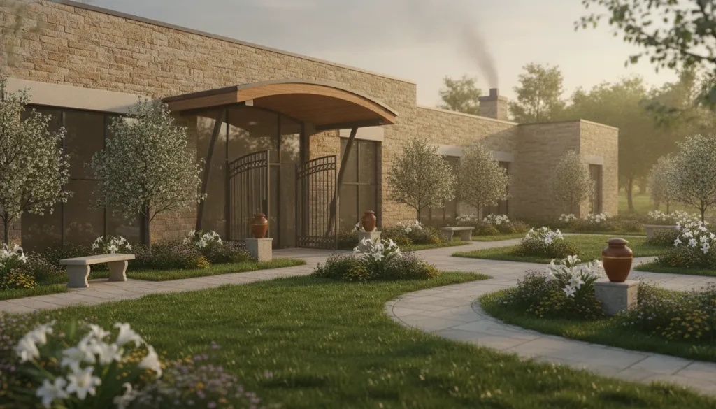 Modern crematory exterior and memorial garden at dawn