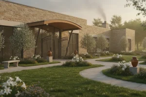 Modern crematory exterior and memorial garden at dawn