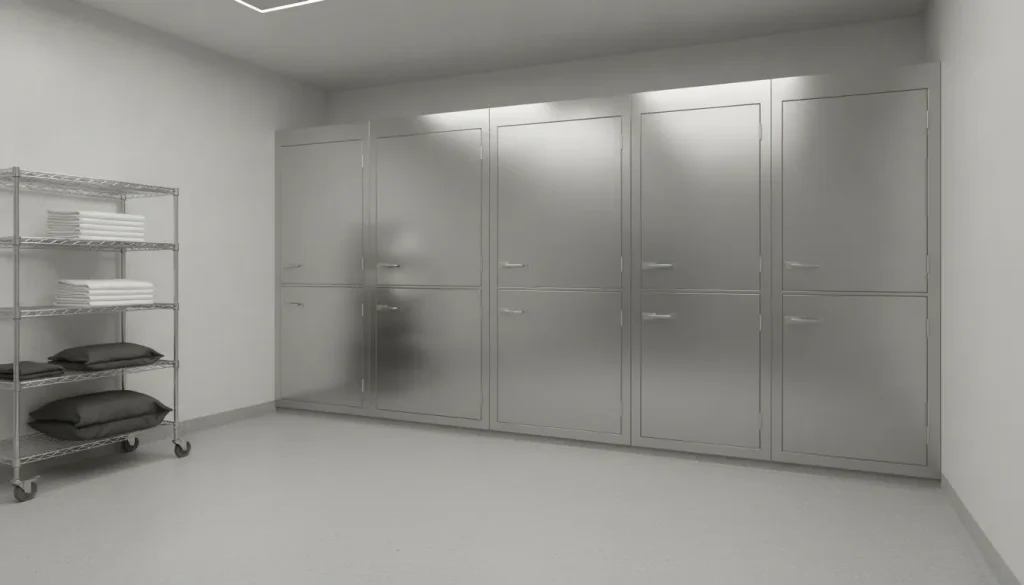Professional mortuary cooler room with refrigerated storage equipment