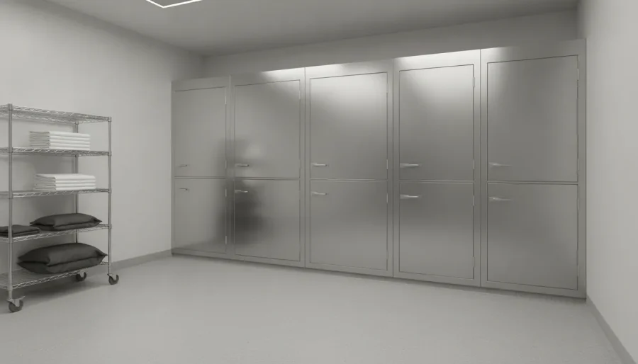 Professional mortuary cooler room with refrigerated storage equipment