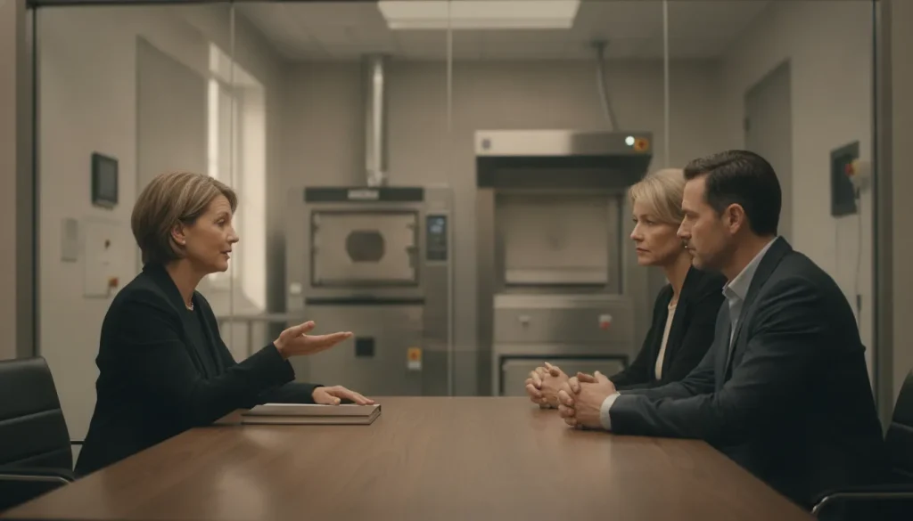 Funeral professional discussing cremation workflow with a family