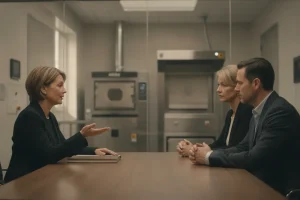 Funeral professional discussing cremation workflow with a family