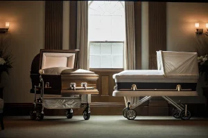 Funeral home preparation room with infant-sized equipment and transport carrier in warm professional setting