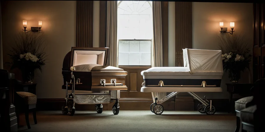 Funeral home preparation room with infant-sized equipment and transport carrier in warm professional setting