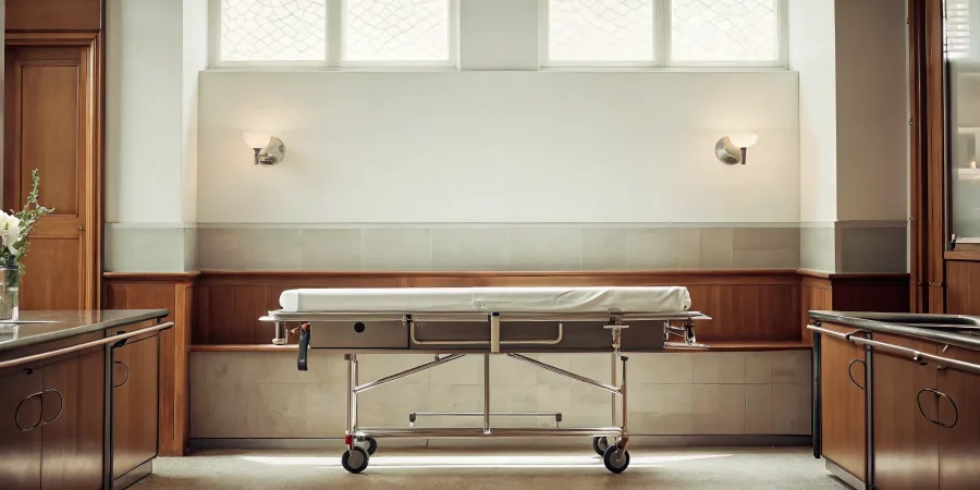 Professional mortuary removal cot in funeral home prep room