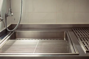Stainless steel mortuary dressing table with drainage grates and a prep room faucet.