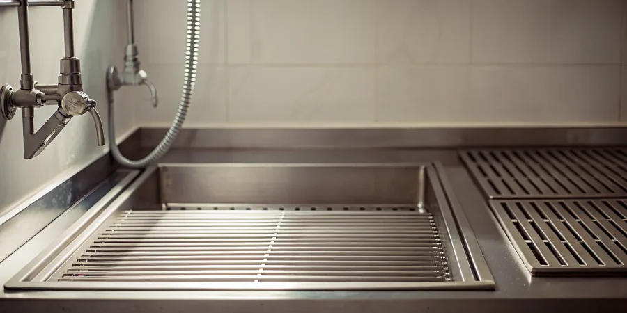 Stainless steel mortuary dressing table with drainage grates and a prep room faucet.