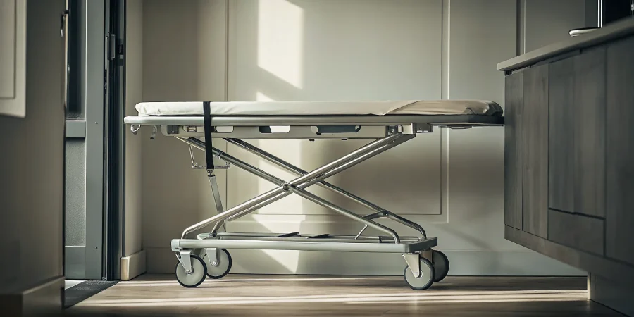 A mortuary hydraulic body lift with adjustable straps and locking wheels for safe body transport.