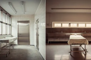 A mortuary preparation room with the essential equipment used to care for the deceased.