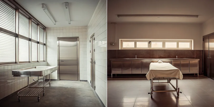 A mortuary preparation room with the essential equipment used to care for the deceased.