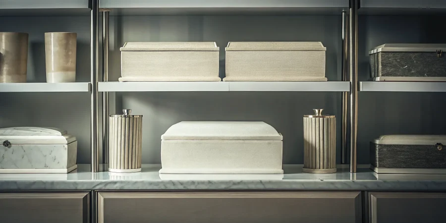 A variety of urn vaults for sale, including polymer and metal options for burial.