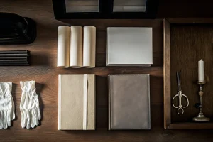 A variety of funeral home supplies like candles, gloves, and memorial items on a table.
