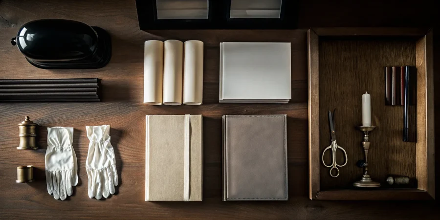 A variety of funeral home supplies like candles, gloves, and memorial items on a table.