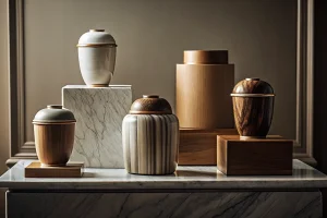 A variety of wood and ceramic cremation urns for choosing a personal memorial.