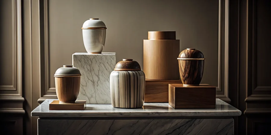 A variety of wood and ceramic cremation urns for choosing a personal memorial.