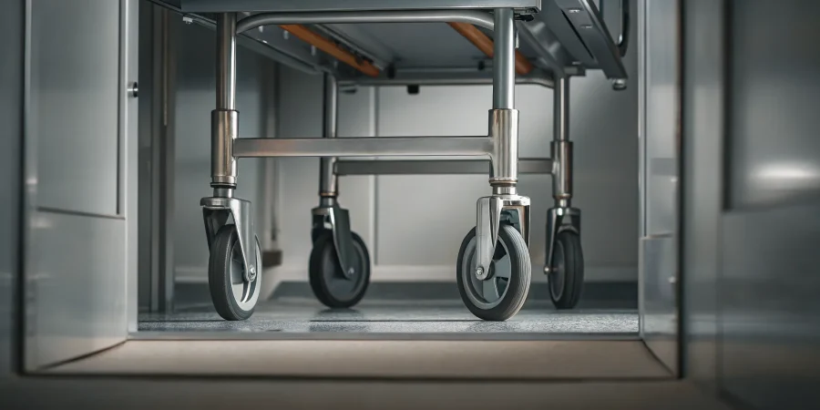 A professional morgue stretcher with a sturdy frame and large wheels in a mortuary.