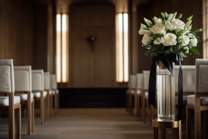 A peaceful funeral chapel with white roses prepared for a memorial service.