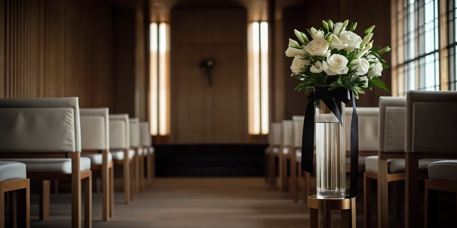 A peaceful funeral chapel with white roses prepared for a memorial service.